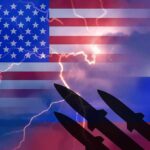 American and Russian flags with missile silhouettes and lightning.