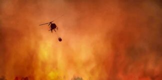 Helicopter fighting forest fire with water bucket