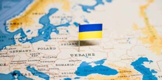 Map with a Ukrainian flag pin on Ukraine