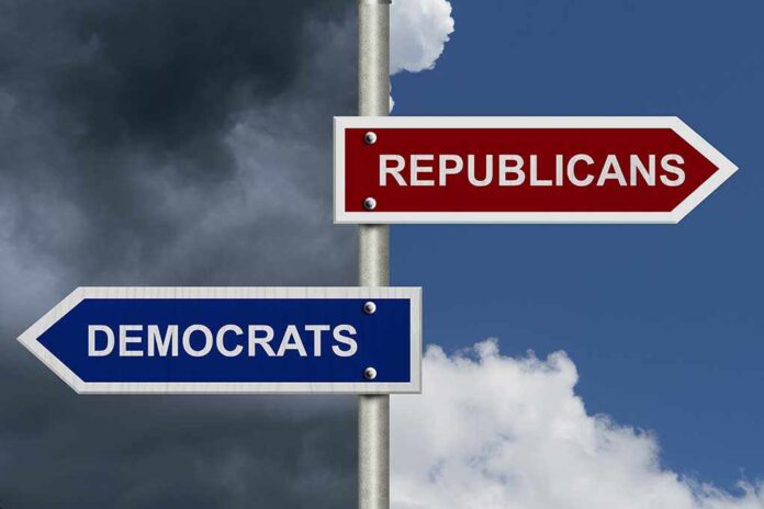 161023688 featured image Two directional signs: Republicans and Democrats.