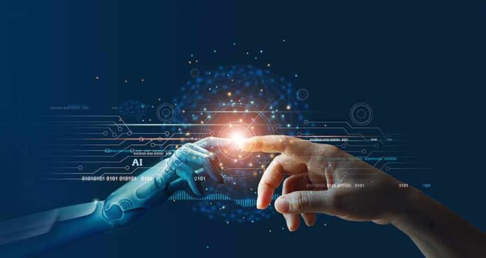 1633125442 featured image Robot and human fingers nearly touching with digital circuits