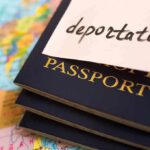 Passports stacked with deportation note on top.