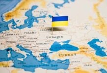Ukraine flag on map of Eastern Europe