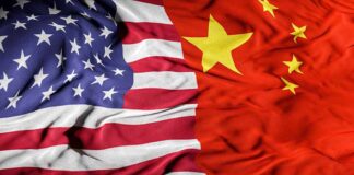 Merged flags of USA and China