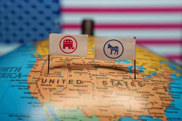 2428155117 featured image Republican and Democratic flags on USA map background.