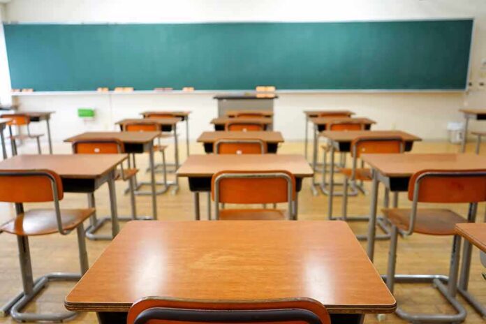 356921618 featured image Classroom with wooden desks and empty green chalkboard.