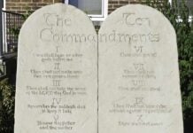 Stone tablet with the Ten Commandments engraved.