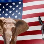 Elephant and donkey with American flag background
