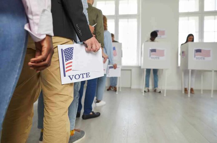 2383260225 featured image People standing in line holding voting papers.