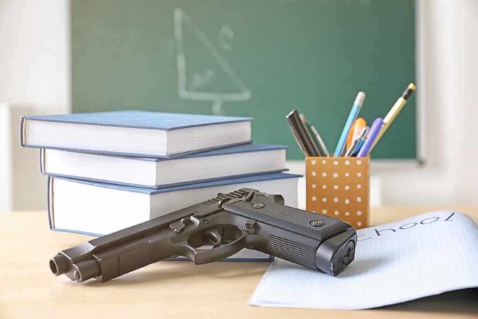 596415818 featured image Gun on desk with school supplies and books