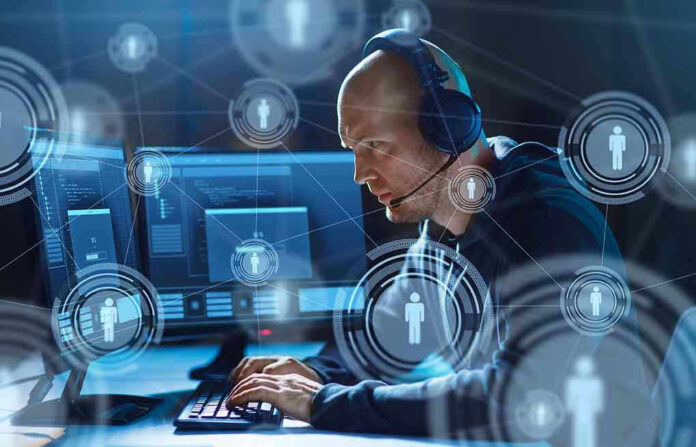 1365221249 Man with headset working at computer, holographic icons