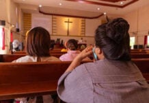 People sitting in church pews during service