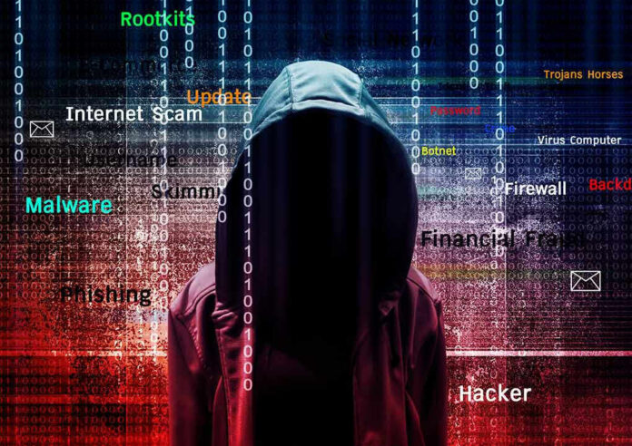 574552039 Hooded figure with cybersecurity terms and binary code background
