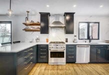 Modern kitchen with black cabinets and stainless appliances