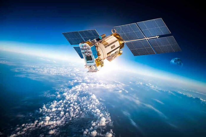 363654452 Satellite orbiting Earth with moon in background.