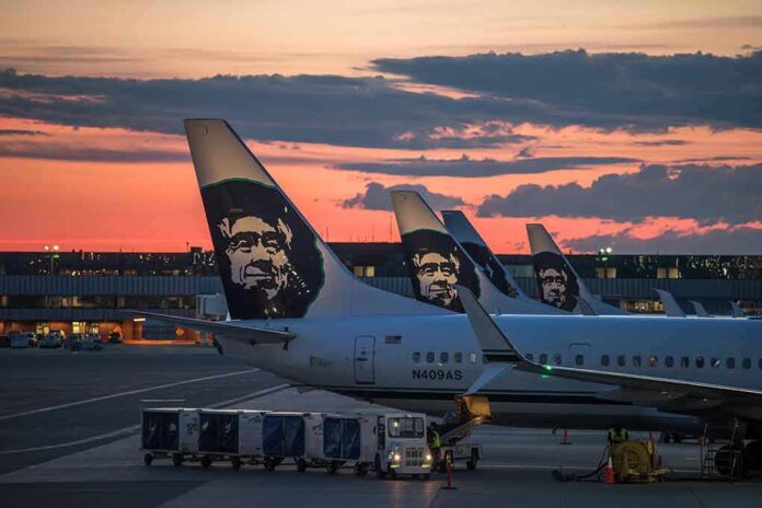 shutterstock_1502611499 (1).jpg Airplanes with Alaska Airlines branding at sunset