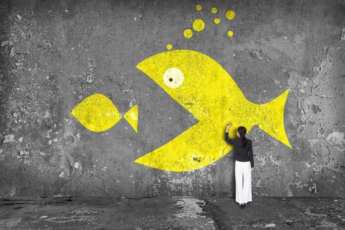 A woman painting a large yellow fish mural on a concrete wall