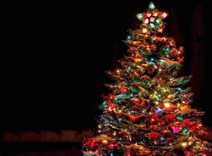 A beautifully decorated Christmas tree with colorful lights against a dark background