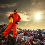 Person in protective gear standing on a landfill with a yellow container
