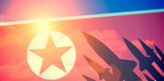 North Korean flag with missile silhouettes.