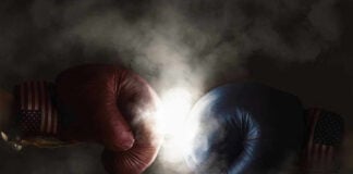 Fragile Coalition CRUMBLES – Democrats in Freefall Red and blue boxing gloves clashing with smoke.