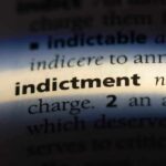 Close-up of a dictionary page showing the word 'indictment' and its definition