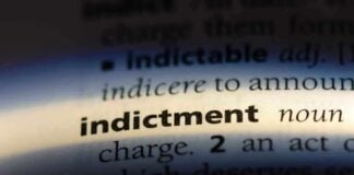 Close-up of a dictionary page showing the word 'indictment' and its definition