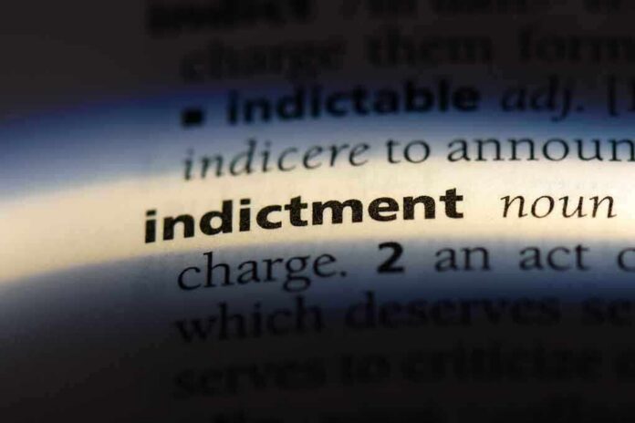 Close-up of a dictionary page showing the word 'indictment' and its definition