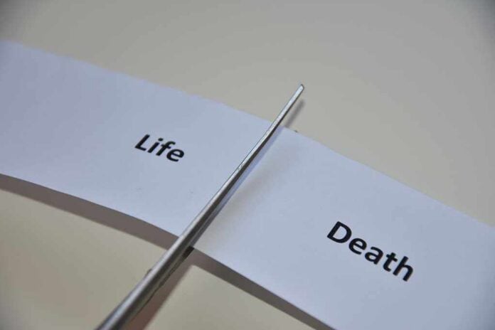Scissors cutting a paper strip labeled 'Life' and 'Death'