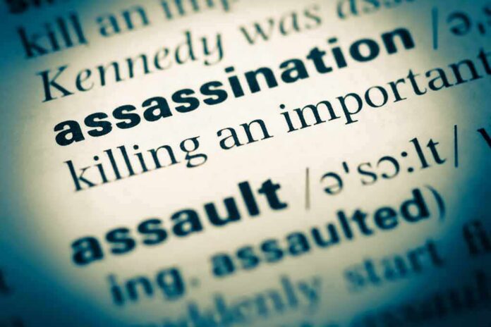 Close-up of a dictionary page showing the definition of 'assassination'