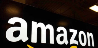 Amazon logo with yellow curved arrow underneath.
