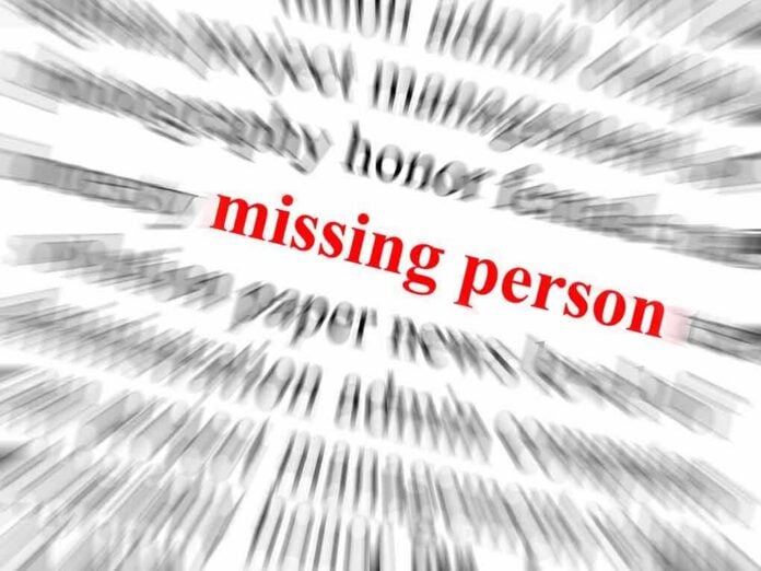 Text graphic highlighting missing person in red among blurred words