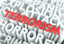 The word 'TERRORISM' prominently displayed in red among other related terms