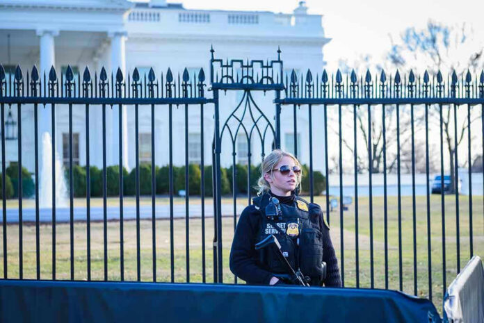 Secret Service agent stands guard outside the White House.