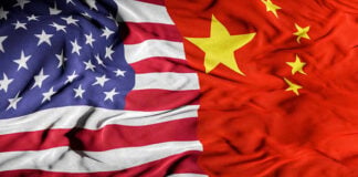 United States flag merged with China flag.