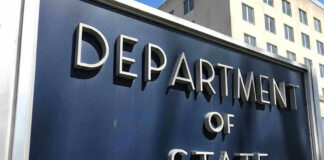 Visa Crackdown Hits Birth-Tourism Rings Department of State sign in front of building.