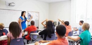 Mom Claims Child Was Choked By A Teacher Teacher in a blue dress instructing students in a classroom with hands raised
