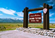 Judge Orders Restoration of National Park History Displays Entrance sign for Grand Teton National Park with mountains in the background