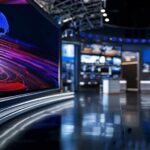 World Cup Shock: Pacquiao Ad Drops modern television news studio with large video screens