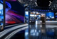 World Cup Shock: Pacquiao Ad Drops modern television news studio with large video screens