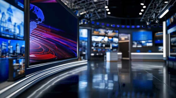 shutterstock_2441638251 modern television news studio with large video screens