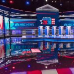 Televised debate stage with multiple podiums and bright red, white, and blue lighting