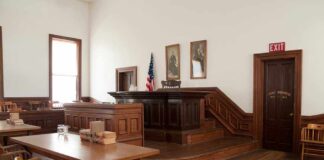 Convicted Rapist Could Seek Parole After Months Interior of a historic courtroom with wooden furniture and an American flag