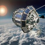 Satellite Images Reveal More Damage Satellite with solar panels orbiting above Earth’s clouds