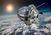 Satellite Images Reveal More Damage Satellite with solar panels orbiting above Earth’s clouds