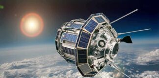 Satellite with solar panels orbiting above Earth’s clouds