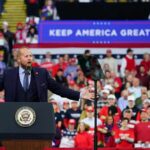Trump’s Wild Dallas Power Play Crowd at a political rally with a speaker at a podium; Stephen Paea, Curtis Lofton, Walter Jones, John Sullivan, and Colin David Jones present