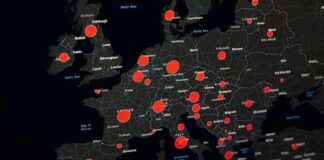 Map of Europe with red data circles highlighting cities