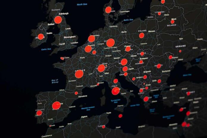 Map of Europe with red data circles highlighting cities