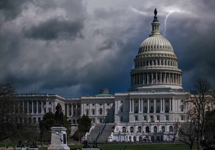 United States Capitol building under stormy skies with lightning